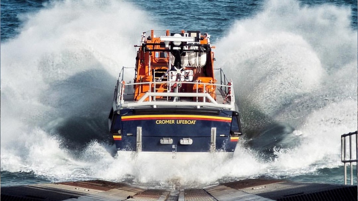 Cromer Lifeboat plunging into the sea down her ramp